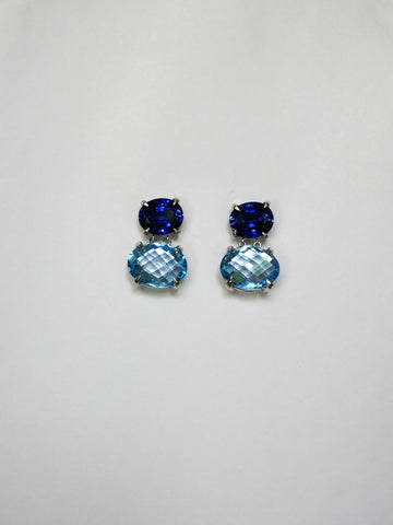 Lab Grown Blue Sapphire and Natural Blue Topaz Drop Post Earrings