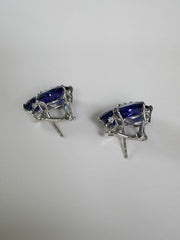 Lab Fabricated Blue Sapphire on 925 Sterling Silver Platinum Rhodium Plated Omega Post Earrings