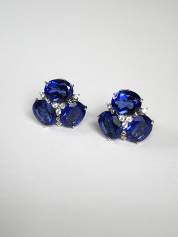 Lab Fabricated Blue Sapphire on 925 Sterling Silver Platinum Rhodium Plated Omega Post Earrings