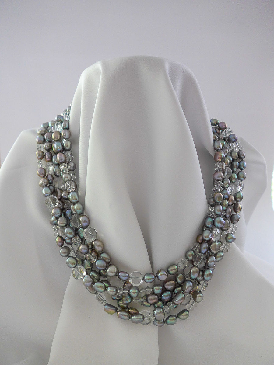 SIX STRAND PLATINUM GREEN CULTURED PEARL AND ROCK CRYSTAL NECKLACE