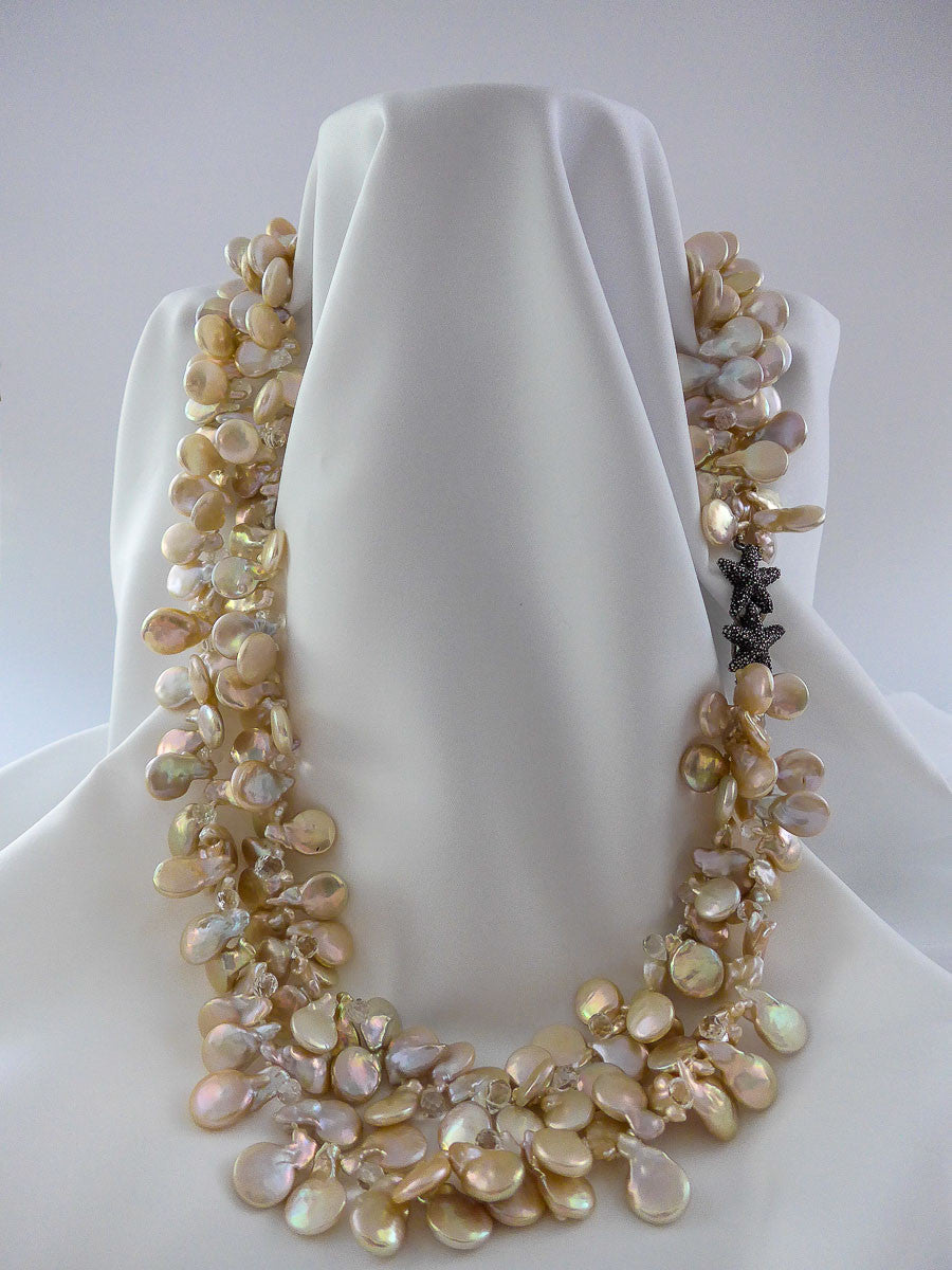 TWO STRAND NATURAL COIN DROP CULTURED PEARL AND ROCK CRYSTAL NECKLACE