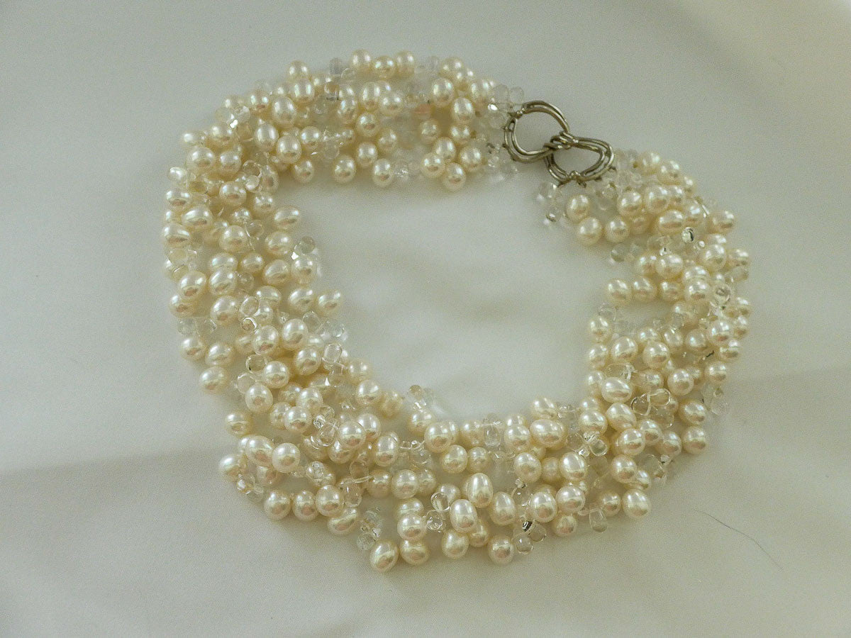 FIVE STRAND WHITE DROP AND ROCK CRYSTAL CULTURED PEARL NECKLACE