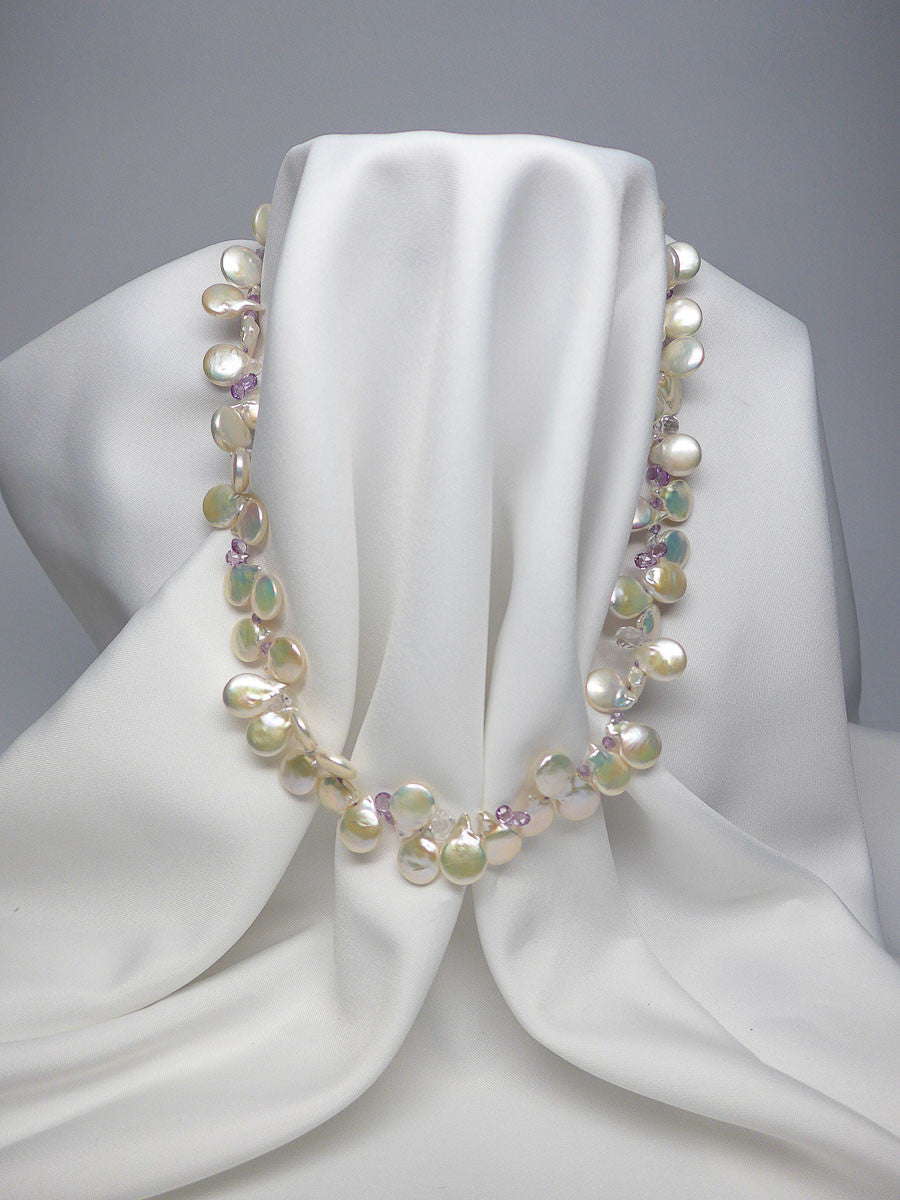 ONE STRAND WHITE COIN PEARL AND AMETHYST NECKLACE
