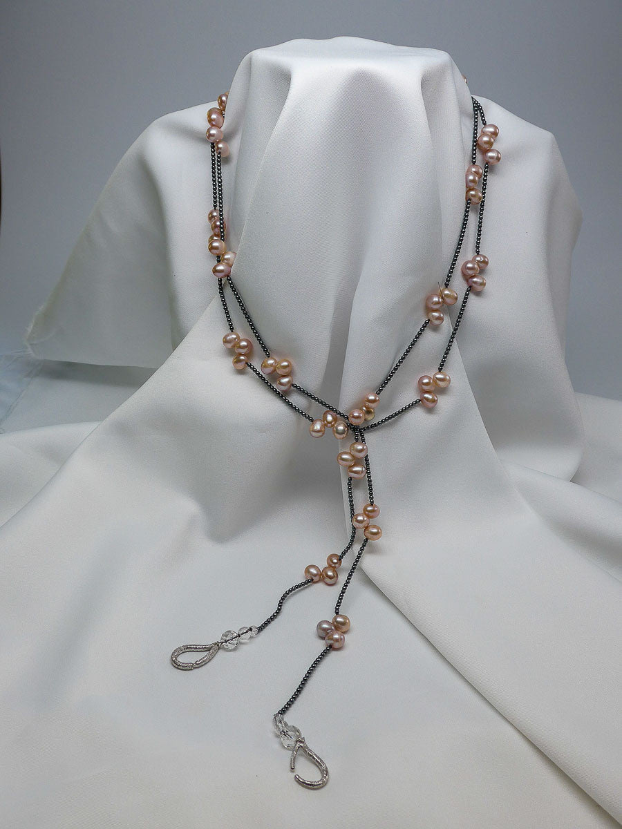 ONE STRAND CULTURED PEARL AND HEMATITE LONG NECKLACE (SIX IN ONE NECKLACE)