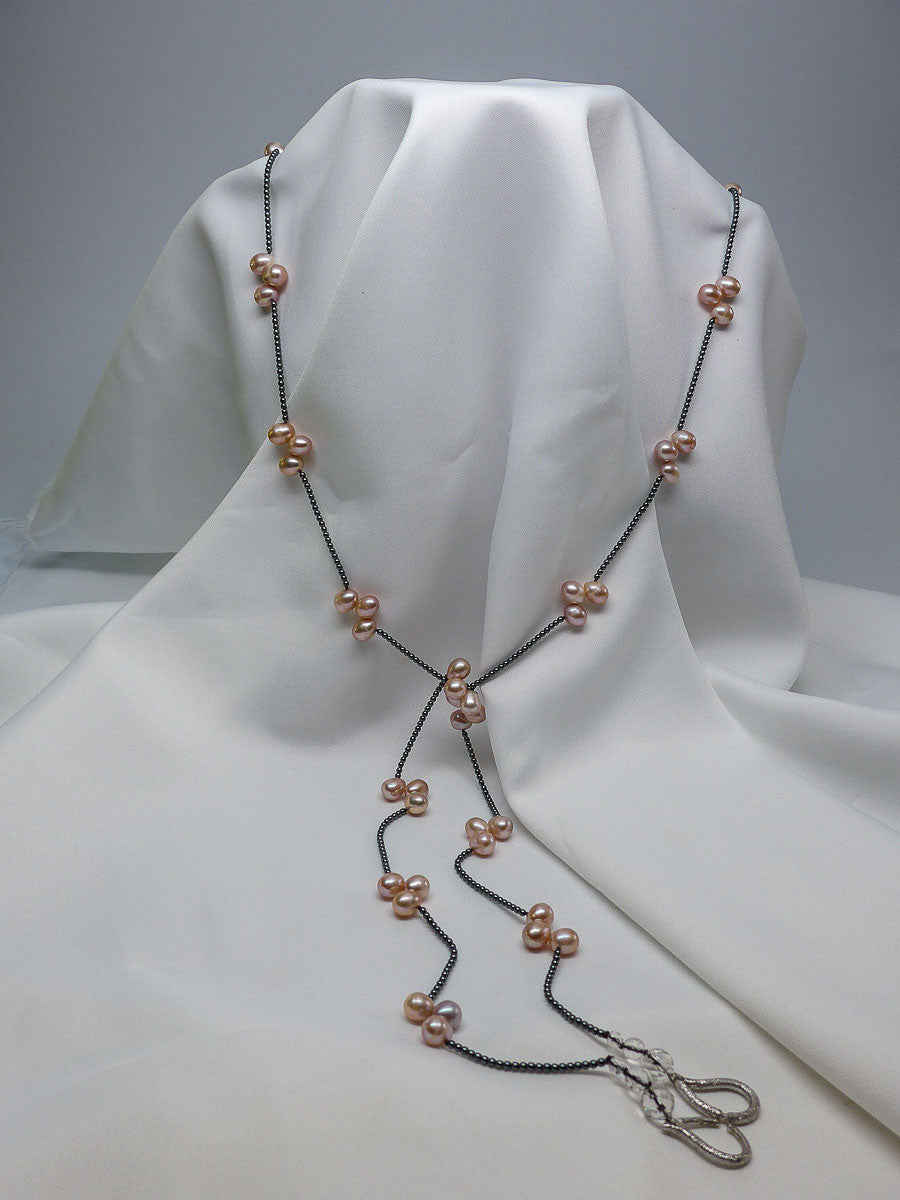 ONE STRAND CULTURED PEARL AND HEMATITE LONG NECKLACE (SIX IN ONE NECKLACE)