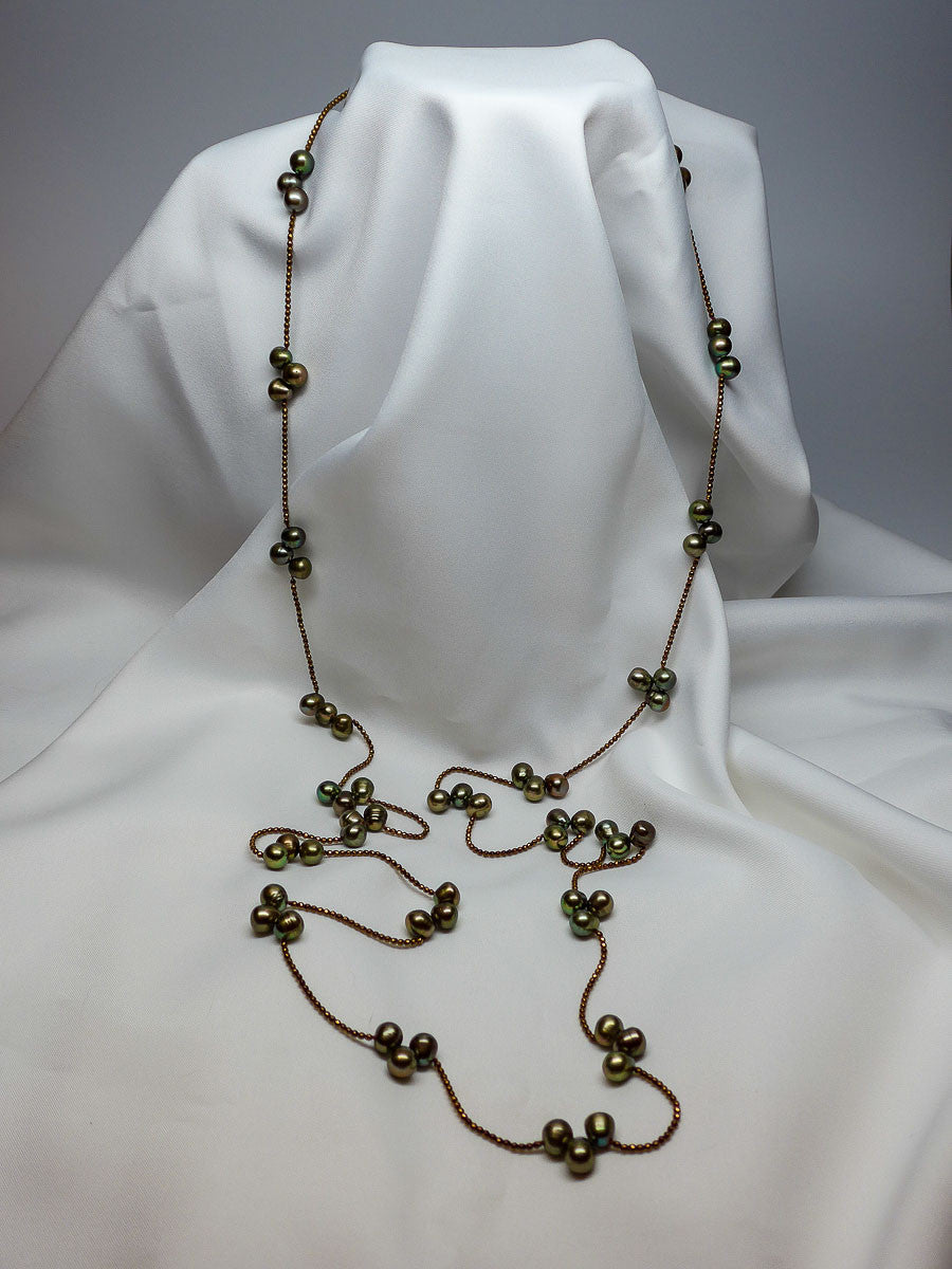 ONE STRAND FACETED COPPER PLATED HEMATITE AND PEARL NECKLACE (SIX IN ONE)