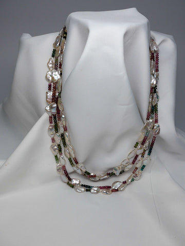 TWO SEPERATE STRANDS WHITE KESHI PEARL AND TOURMALINE NECKLACE