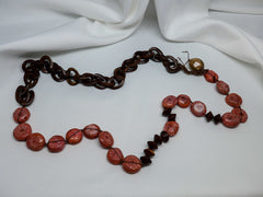 One Strand Mohogany Wood and Fossilized Coral Long Necklace