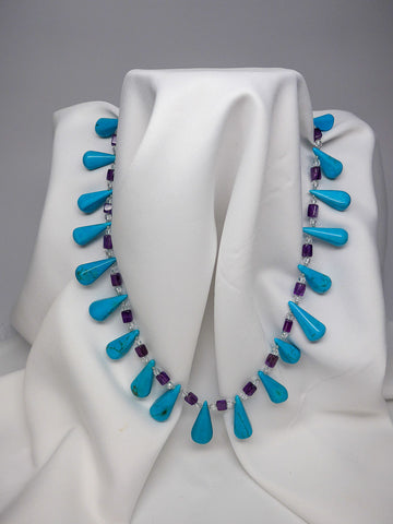 ONE STRAND STABILIZED TURQUOISE, ROCK CRYSTAL, AND AMETHYST GEMSTONE NECKLACE