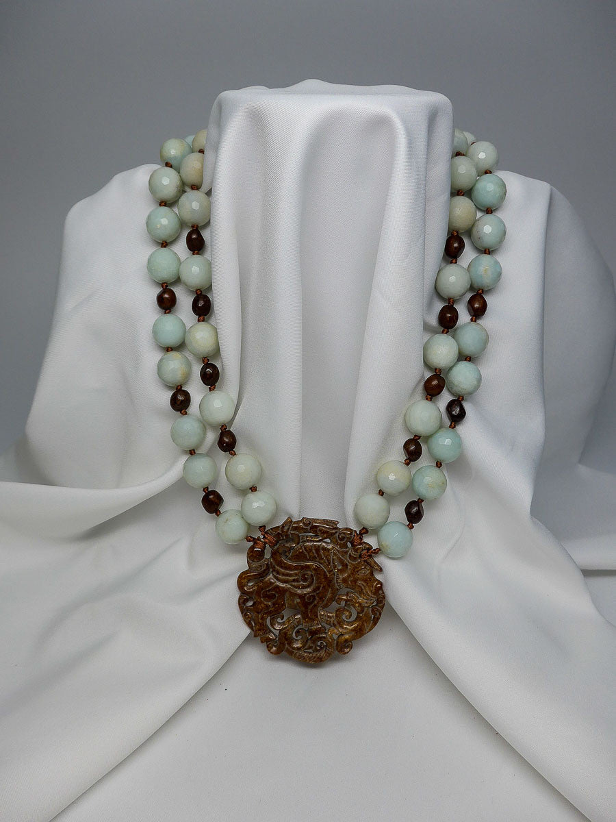 TWO STRAND AMAZONITE AND WOOD WITH CARVED JASPER PIECE GEMSTONE NECKLACE