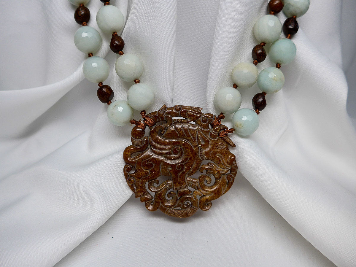 TWO STRAND AMAZONITE AND WOOD WITH CARVED JASPER PIECE GEMSTONE NECKLACE
