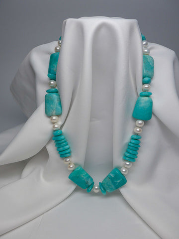 ONE STRAND AMAZONITE (Turqouise Color) GEMSTONE AND CULTURED PEARL NECKLACE