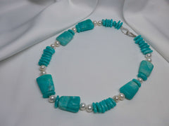 ONE STRAND AMAZONITE (Turqouise Color) GEMSTONE AND CULTURED PEARL NECKLACE