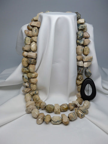 TWO INDIVIDUAL STRAND OPAL NUGGETS AND MATTED ONYX DOUGHNUT GEMSTONE NECKLACES