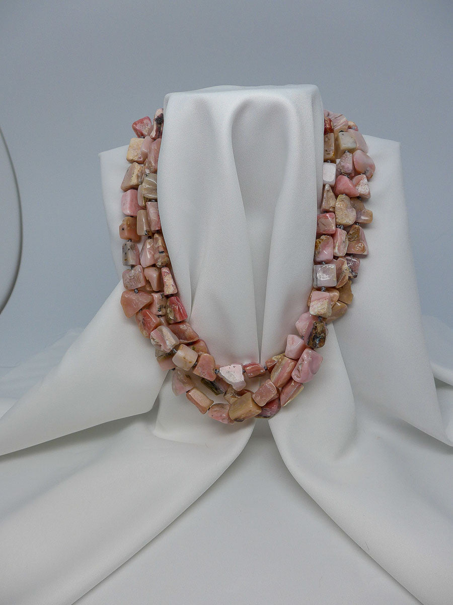 THREE STRAND PINK OPAL NUGGET NECKLACE