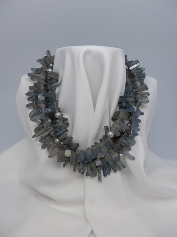 FOUR STRAND TREATED ROCK CRYSTAL AND PLATINUM GREY PEARL NECKLACE