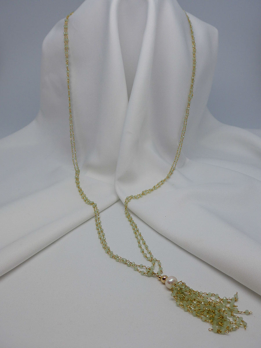 TWO STRAND VERMEIL STERLING SILVER PREHNITE CLOSED LARIET WITH TASSEL NECKLACE