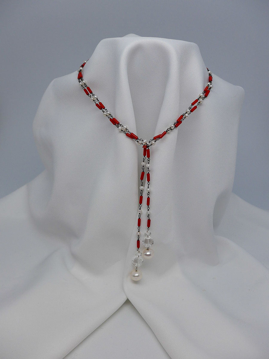 ONE STRAND OXIDIZED SILVER CHAIN CORAL AND CULTURED PEARL LARIAT NECKLACE