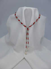 ONE STRAND OXIDIZED SILVER CHAIN CORAL AND CULTURED PEARL LARIAT NECKLACE