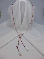 ONE STRAND OXIDIZED SILVER CHAIN CORAL AND CULTURED PEARL LARIAT NECKLACE