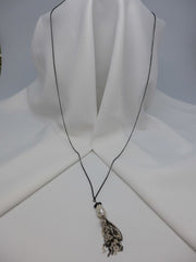 ONE STRAND BLACK RHODIUM SILVER CHAIN BAROQUE PEARL, SPINEL, TASSEL NECKLACE