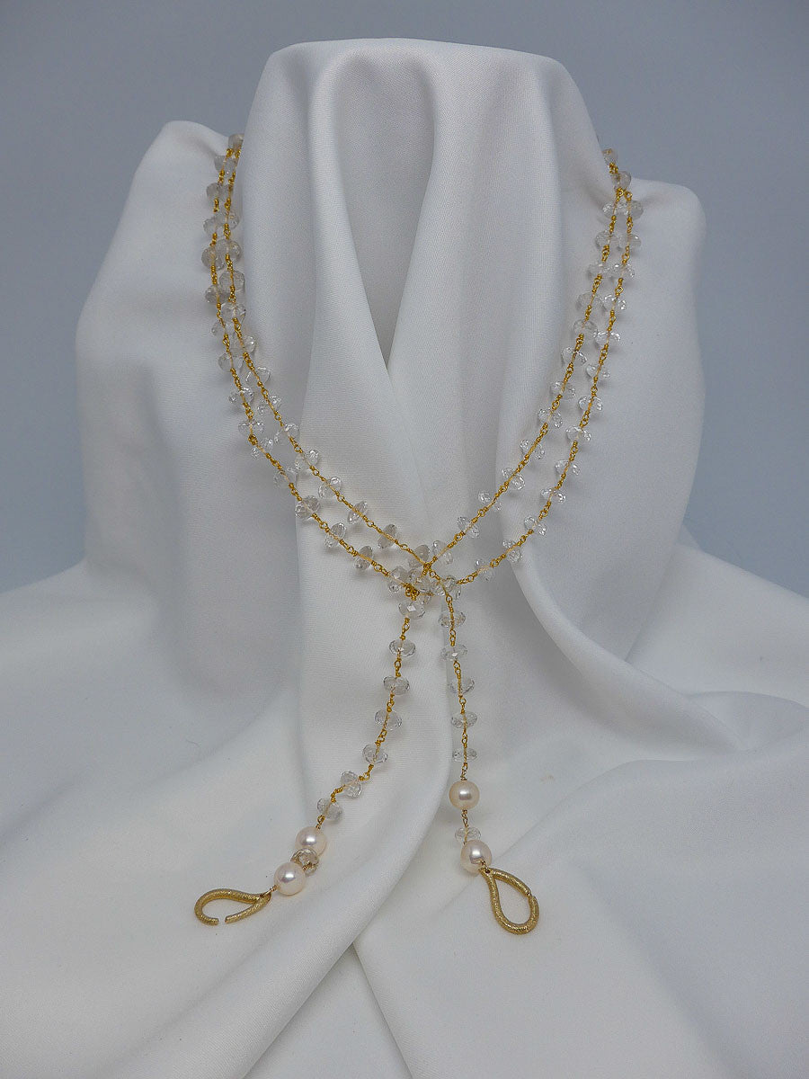 ONE STRAND VERMEIL STERLING SILVER ROCK CRYSTAL AND PEARL NECKLACE AND LARIAT