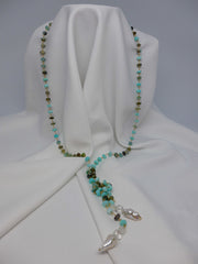 THREE INDIVIDUAL STRAND PERUVIAN OPAL ON VERMEIL STERLING SILVER CHAIN AND PEARL LARIAT NECKLACE