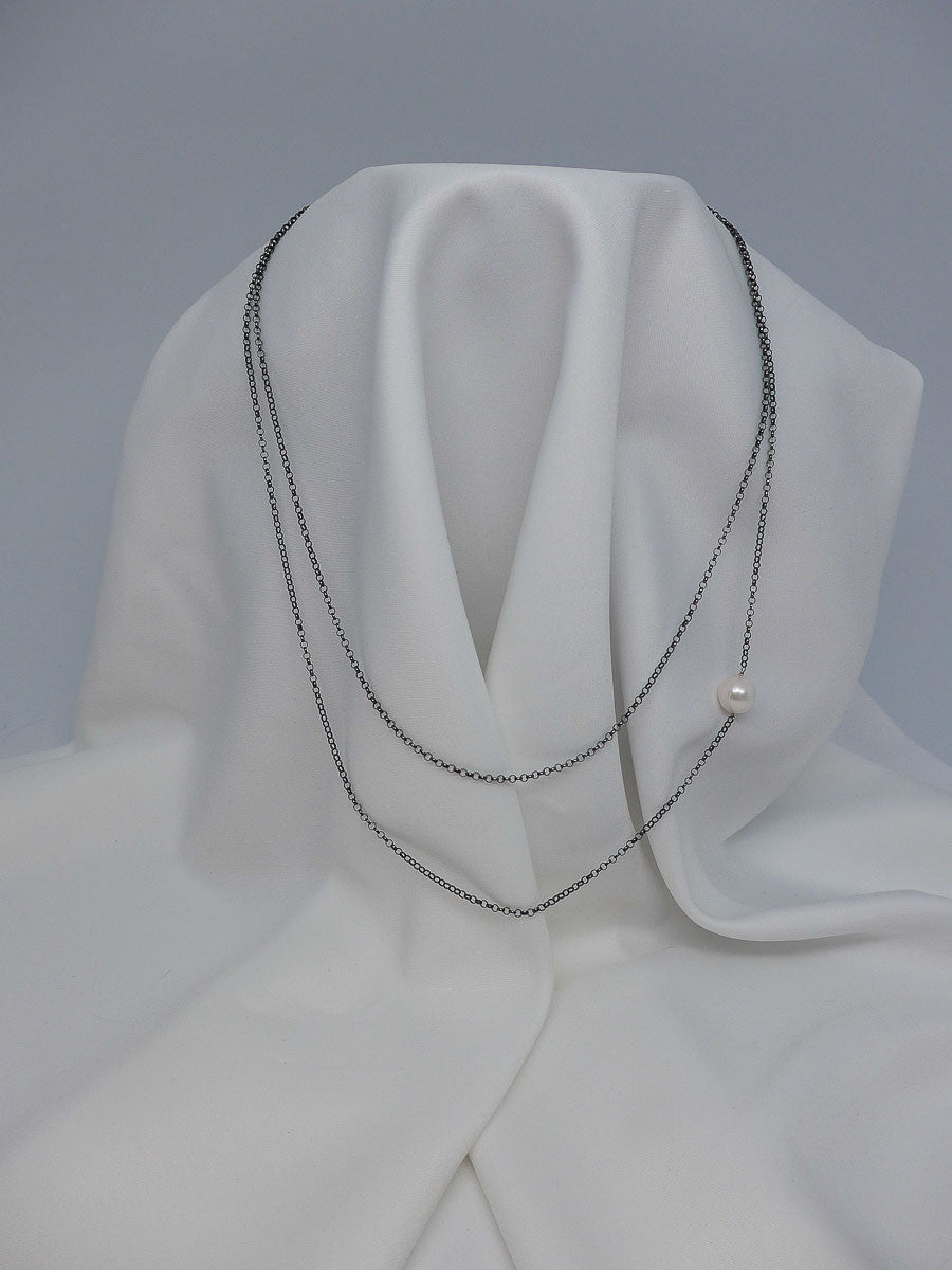ONE STRAND OXIDIZED STERLING SILVER CHAIN CULTURED PEARL NECKLACE AND LARIAT