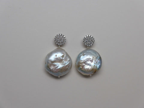 STERLING SILVER AND CUBIC ZIRCONIA POST AND WHITE PEARL EARRINGS