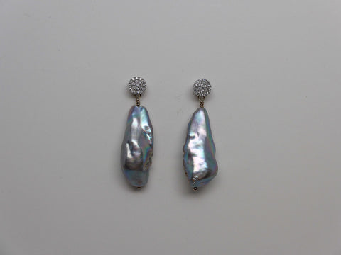 STERLING SILVER CUBIC ZIRCONIA POST PLATINUM GREY STICK PEARL EARRING