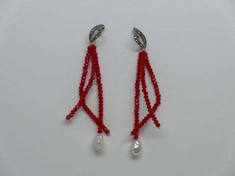 STERLING SILVER MARCASITE POST FACETED CORAL BEAD AND PEARL EARRING