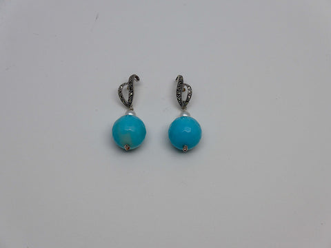 STERLING SILVER MARCASITE POST STABILIZED TURQUOISE PEARL EARRING
