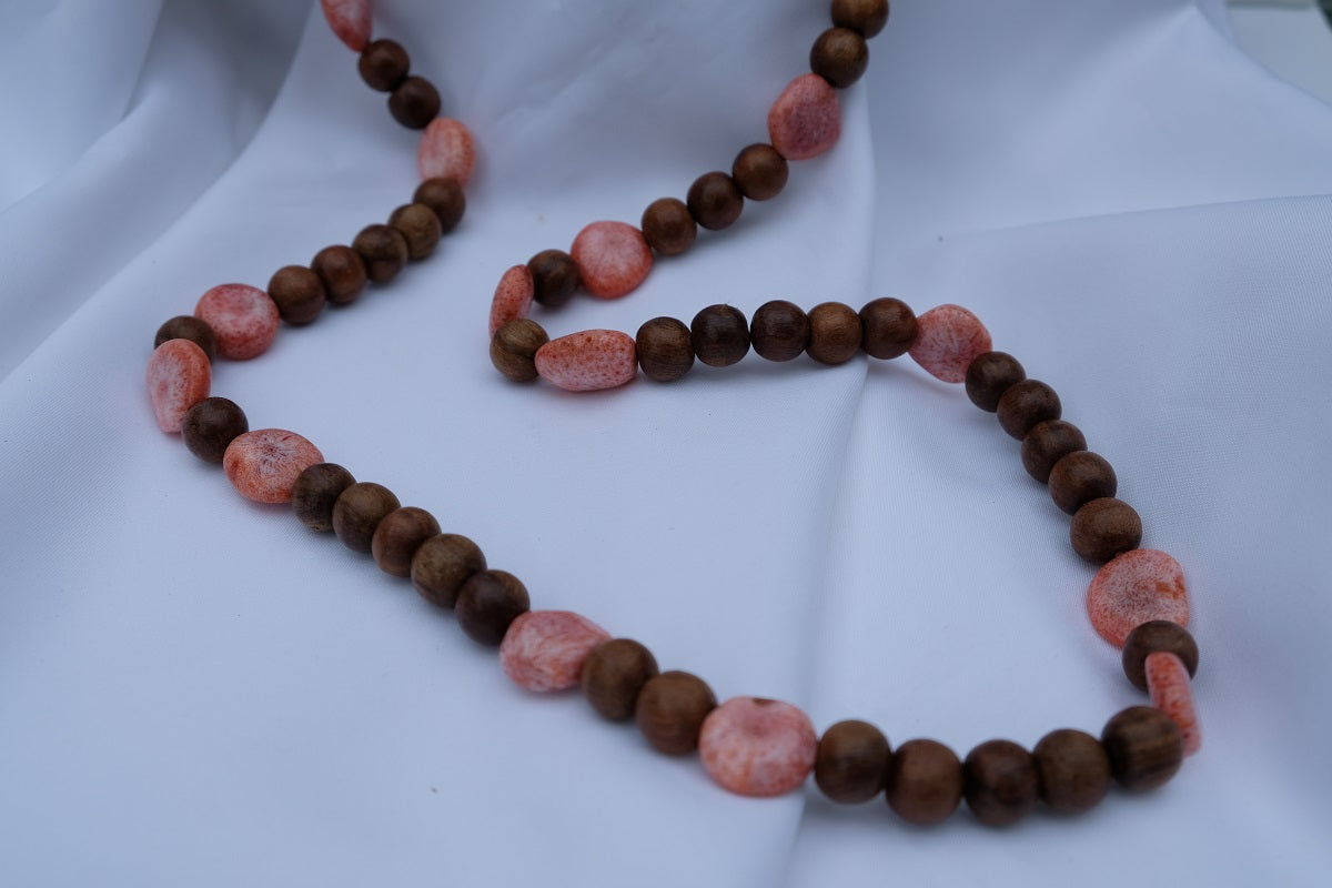 Two Strand Oak Wood & Fossilized Coral Gemstome Necklaces