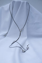 Black Leather, Platinum Baroque Cultured Pearls, Sterling Silver, Cubic Zirconia Lariat