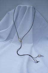 Black Leather, Platinum White Baroque Cultured Pearls, Vermeil Sterling Silver, Cubic Zirconia Lariat