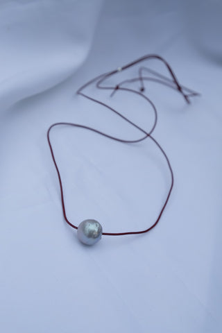 Burgundy Leather, Platinum Baroque Cultured Pearl Adjustable Necklace