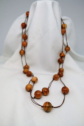 Two Strand Light Natural Wood Long Necklace