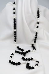 Two Strand Mother of Pearl and Matted Onyx Long Gemstone Necklace