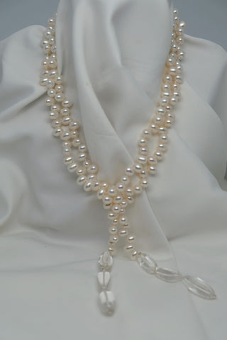 One Strand White Drop Cultured Pearl Lariat Necklace Finished in Rock Crystal Nuggets