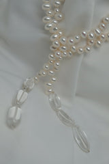 One Strand White Drop Cultured Pearl Lariat Necklace Finished in Rock Crystal Nuggets