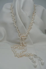 One Strand White Drop Cultured Pearl Lariat Necklace Finished in Rock Crystal Nuggets