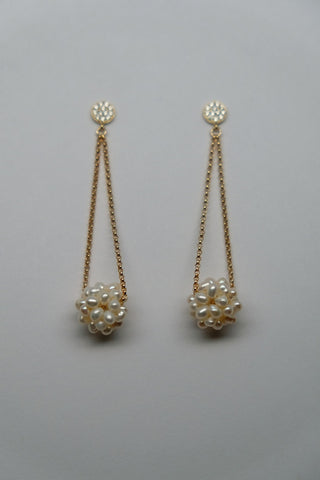 925 Vermeil Sterling Silver Chain and Post with Cubic Zirconia & Cultured Pearl Long Dangling Earrings