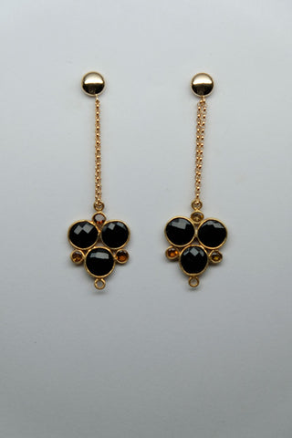 925 Vermeil Sterling Silver Chain, Gold Filled Post with Faceted Onyx & Pink Tourmaline Long Earrings