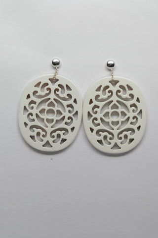 Sterling Silver 925 Post Carved White Enamel Horn Earrings