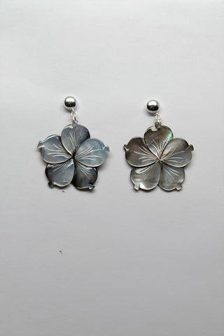 Sterling Silver 925 Post Round Mother of Pearl Carved Flower Earrings