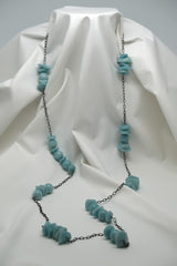 One Strand 925 Oxidized Sterling Silver Chain with Amazonite(Turquoise Color) Long Necklace