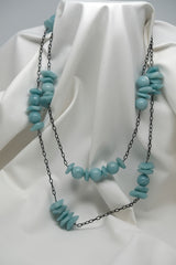 One Strand 925 Oxidized Sterling Silver Chain with Amazonite(Turquoise Color) Long Necklace