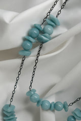 One Strand 925 Oxidized Sterling Silver Chain with Amazonite(Turquoise Color) Long Necklace