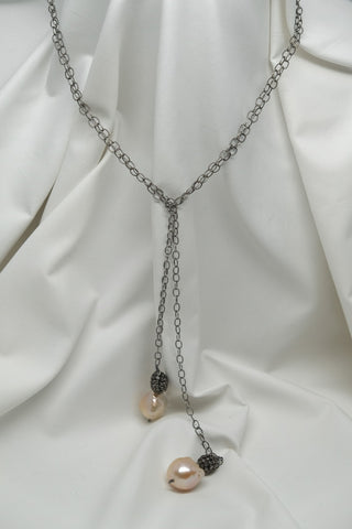 One Strand Oxidized Sterling Silver Chain & Baroque Cultured Lariat Long Necklace