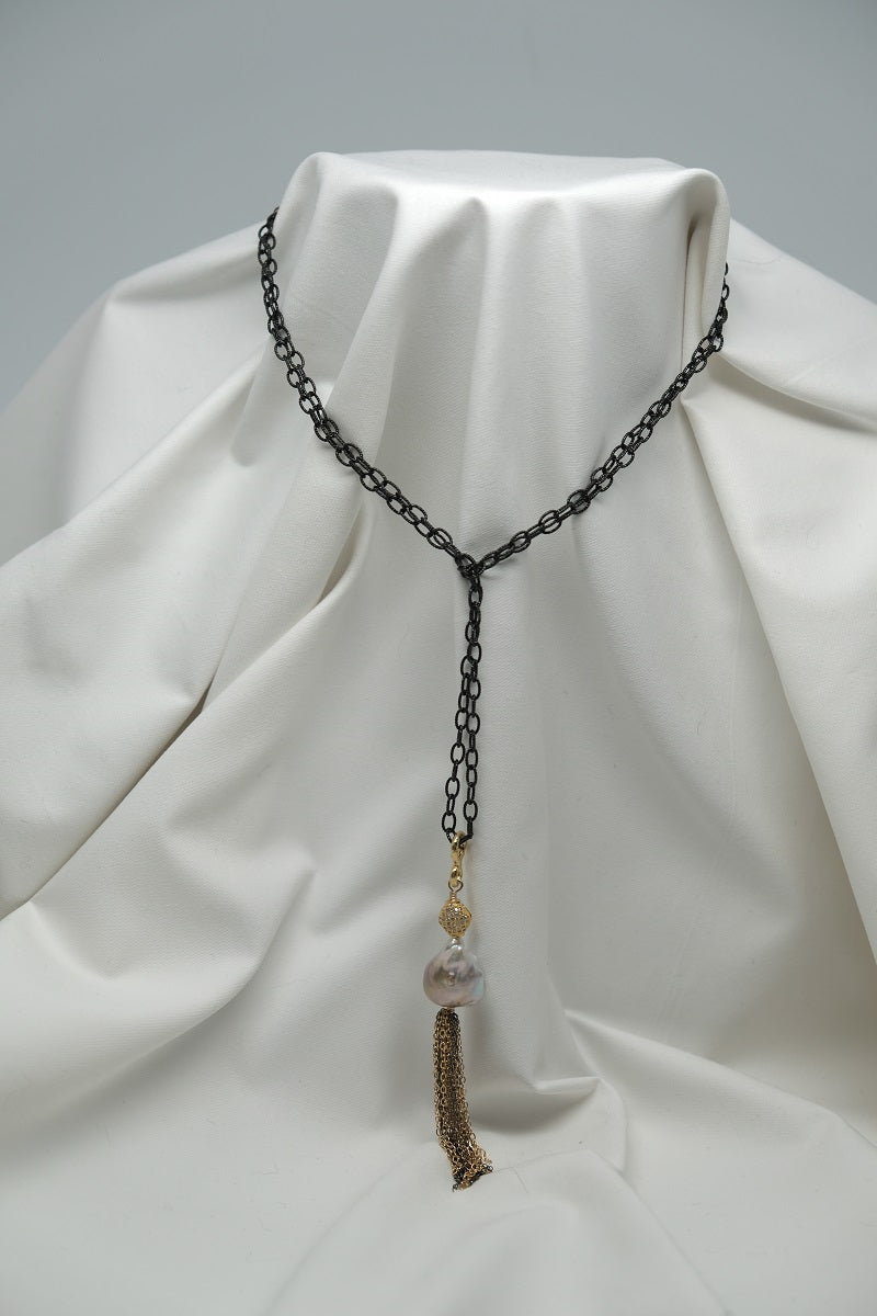 One Strand Oxidized Sterling Silver Chain & Baroque Cultured Pearl, 925 Vermeil Sterling Silver & Oxidized Silver Tassel Long Necklace
